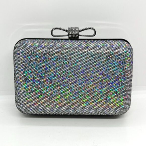 LA REGALE RHINESTONE BOW CLUTCH EVENING BAG SILVER METALLIC BOX PURSE W CHAIN - Picture 1 of 10